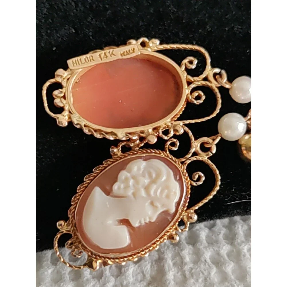 Milor Italy 14 K Cameo & Pearl Dangle Earrings 1 3/8" Long .5 " Wide - Picture 2 of 4